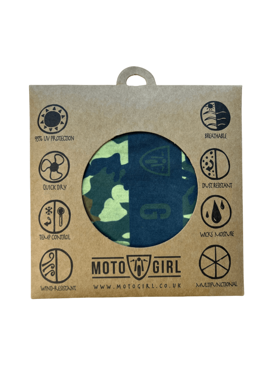 MotoGIrl Camo Neck tube available at Veloce Club