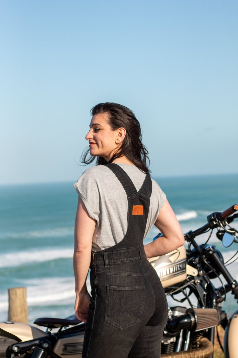 MotoGirl Daisy Dungarees in Black available at Veloce Club