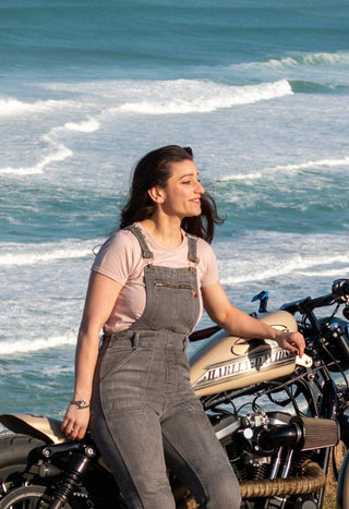 MotoGirl Daisy Dungarees in grey available at Veloce Club