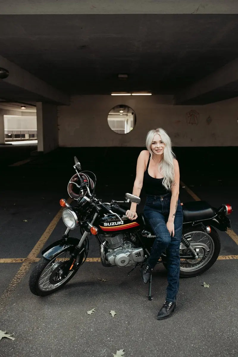MotoGirl Ellie Women's Motorcycle Jeans in Blue | Veloce Club