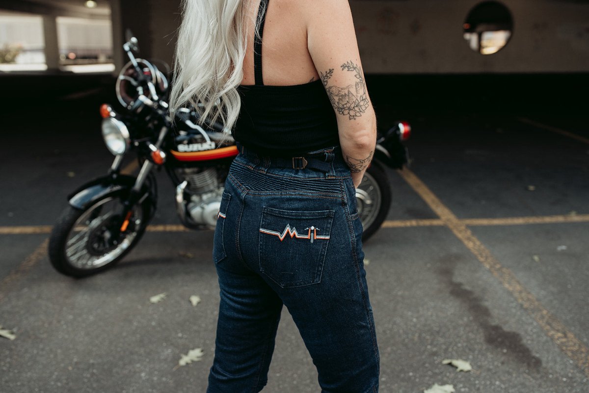 MotoGirl Ellie Women's Motorcycle Jeans in Blue - available at Veloce Club