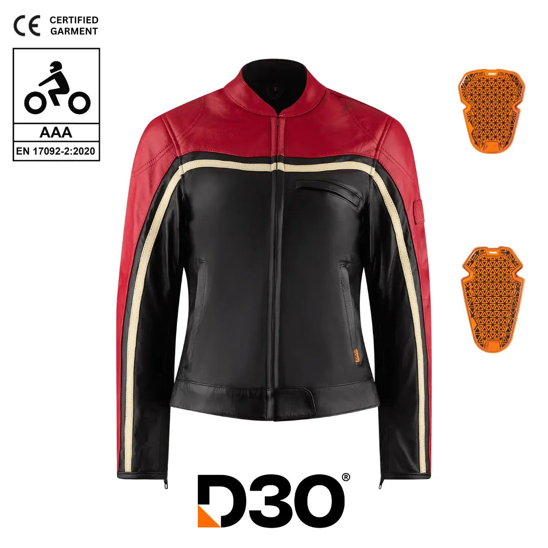 MotoGirl Hayley Red Leather Jacket available at Veloce Club