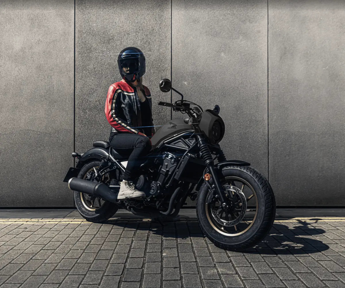 MotoGirl Hayley Red Leather Jacket available at Veloce Club