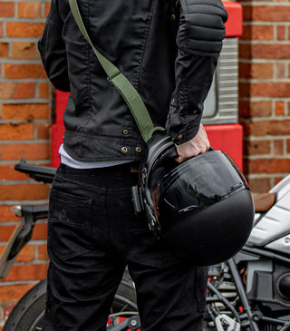 Introducing the new Sling helmet waxed cotton helmet strap available in Black, Brown and Olive - now available at Veloce Club