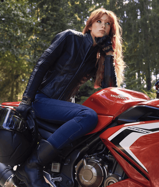 MotoGirl Isla Motorcycle Jeans in blue available at Veloce Club