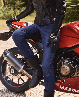 MotoGirl Isla Motorcycle Jeans in blue available at Veloce Club