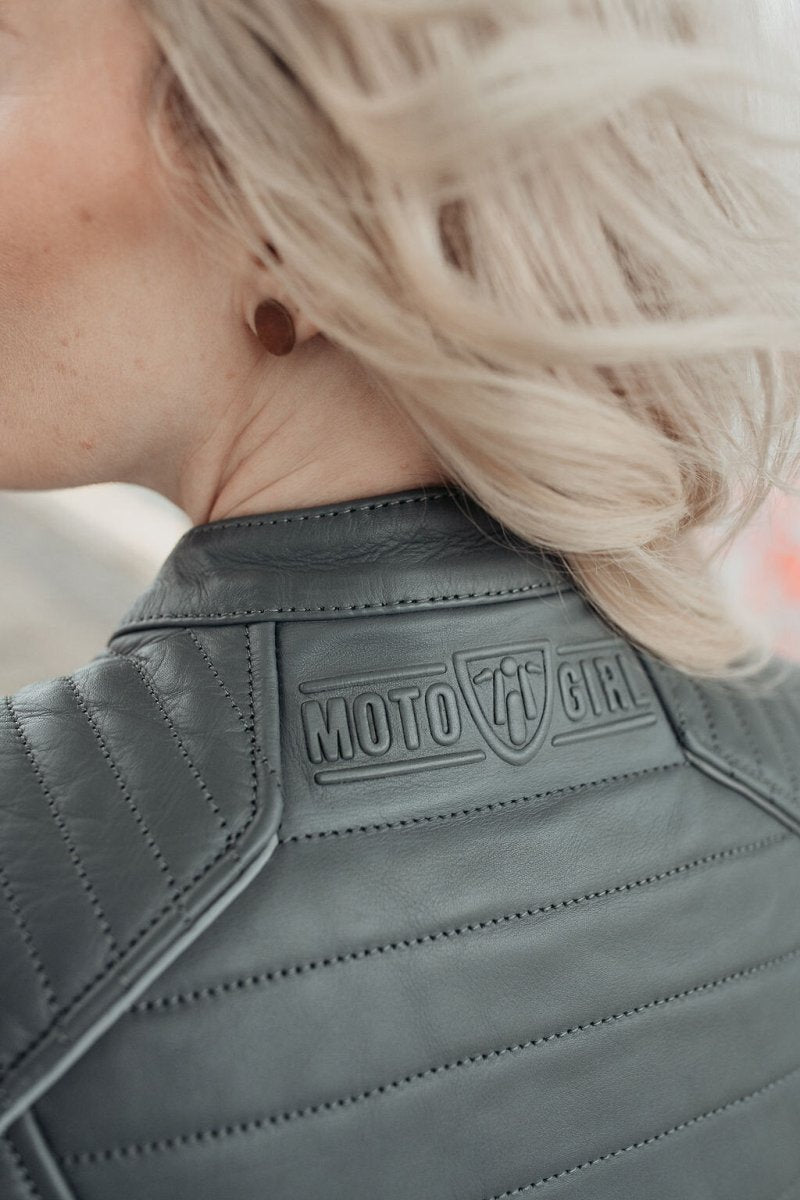 MotoGirl Amelia Leather Jacket Grey - available at Veloce Club