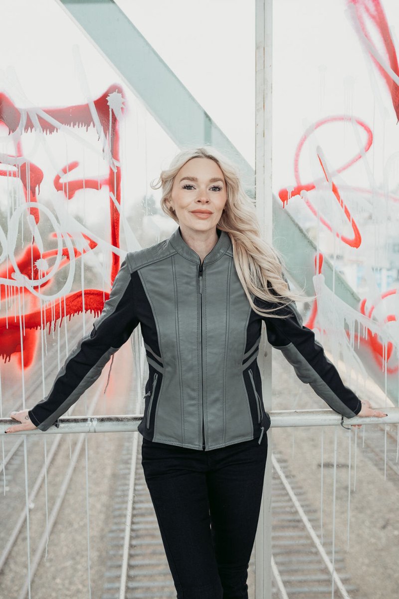 MotoGirl Amelia Leather Jacket Grey - available at Veloce Club