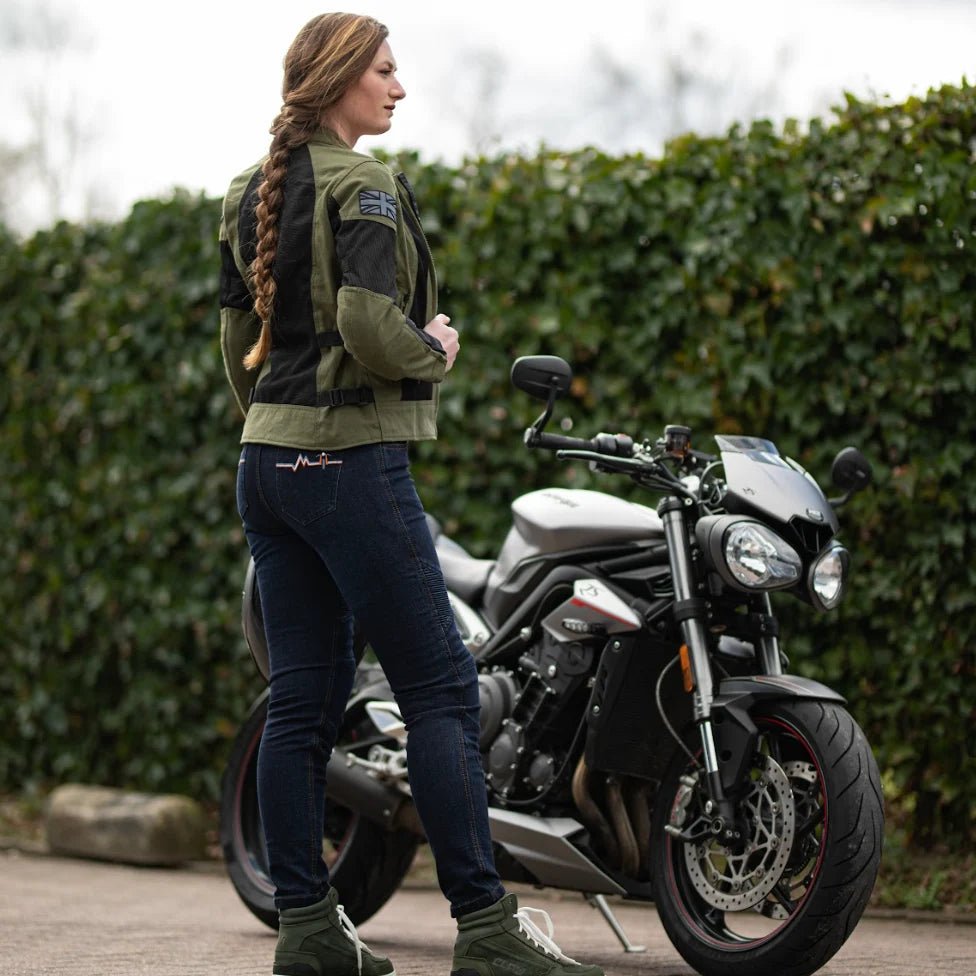 MotoGirl Ellie Women's Motorcycle Jeans in Blue | Veloce Club