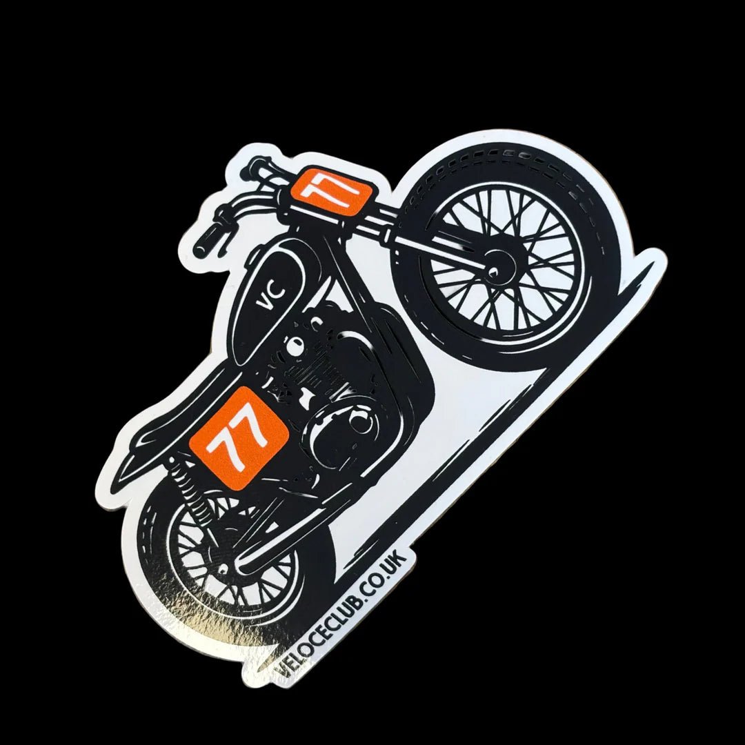 Scrambler 77 motorcycle gloss sticker available at Veloce Club