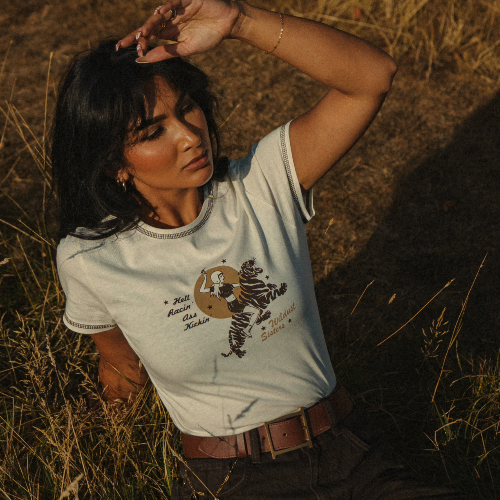 Wildust Sisters Hell Racin' cropped cotton T-shirt with a woman riding a tiger graphic
