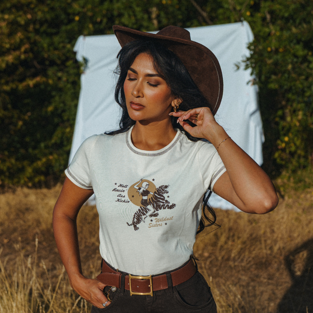 Wildust Sisters Hell Racin' cropped cotton T-shirt with a woman riding a tiger graphic