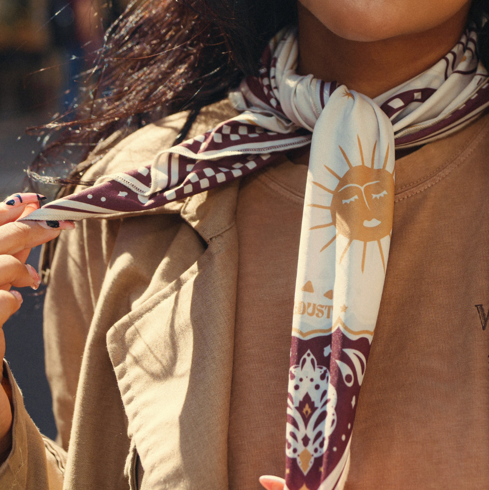 Wildust Sisters Moonrider motorcycle scarf with tiger and celestial graphics
