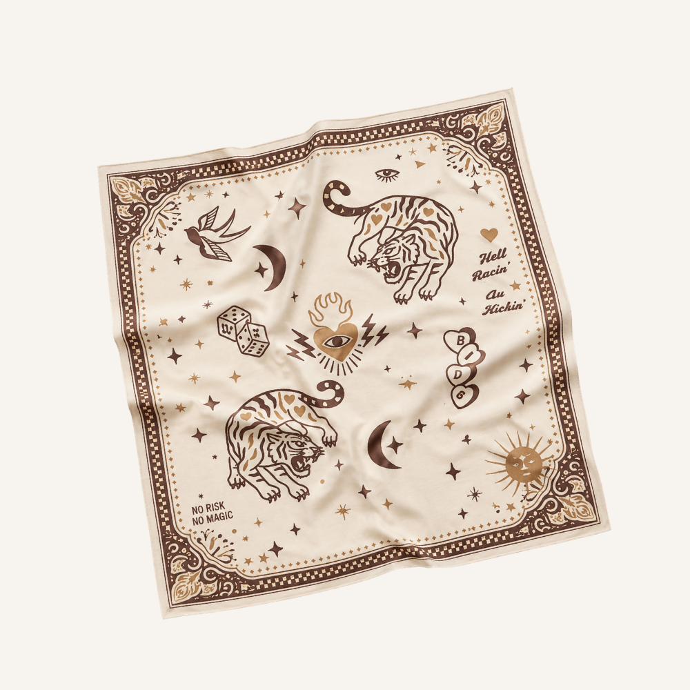 Wildust Sisters Moonrider motorcycle scarf with tiger and celestial graphics