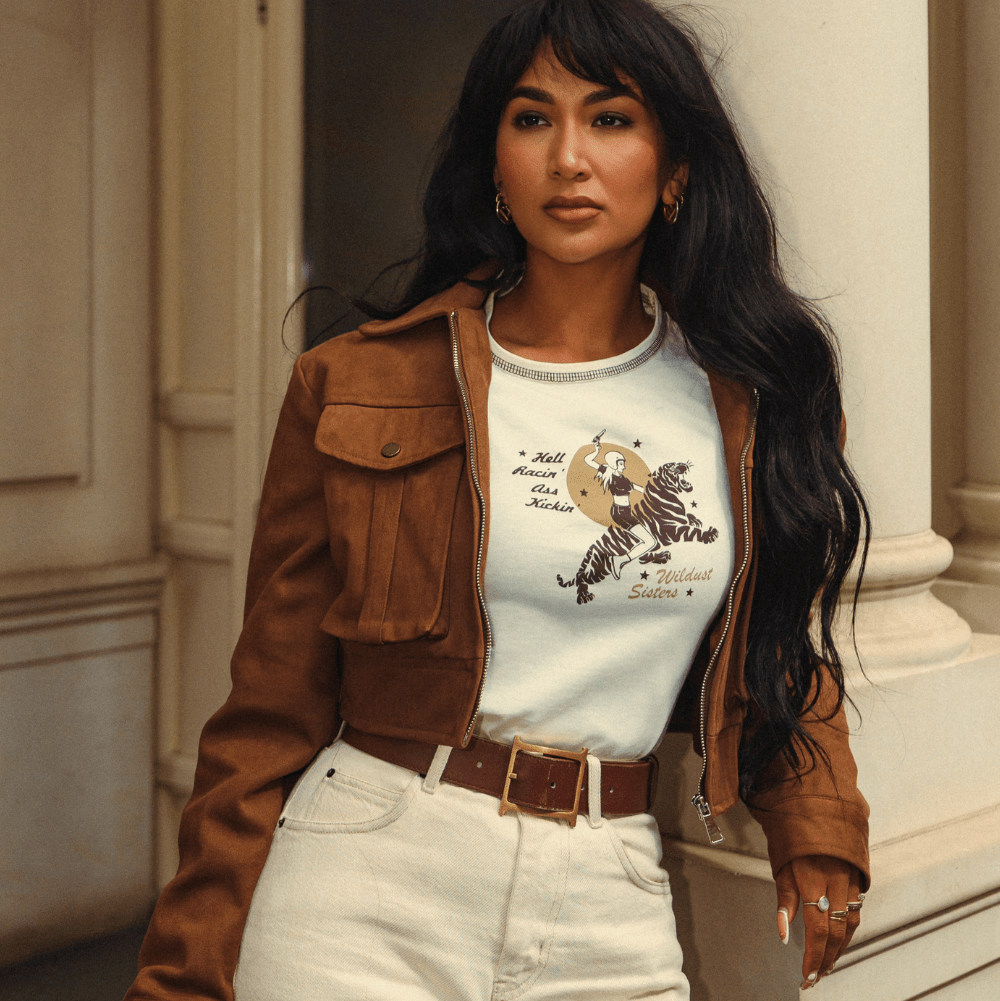 Wildust Sisters Hell Racin' cropped cotton T-shirt with a woman riding a tiger graphic