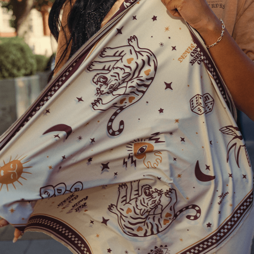Wildust Sisters Moonrider motorcycle scarf with tiger and celestial graphics