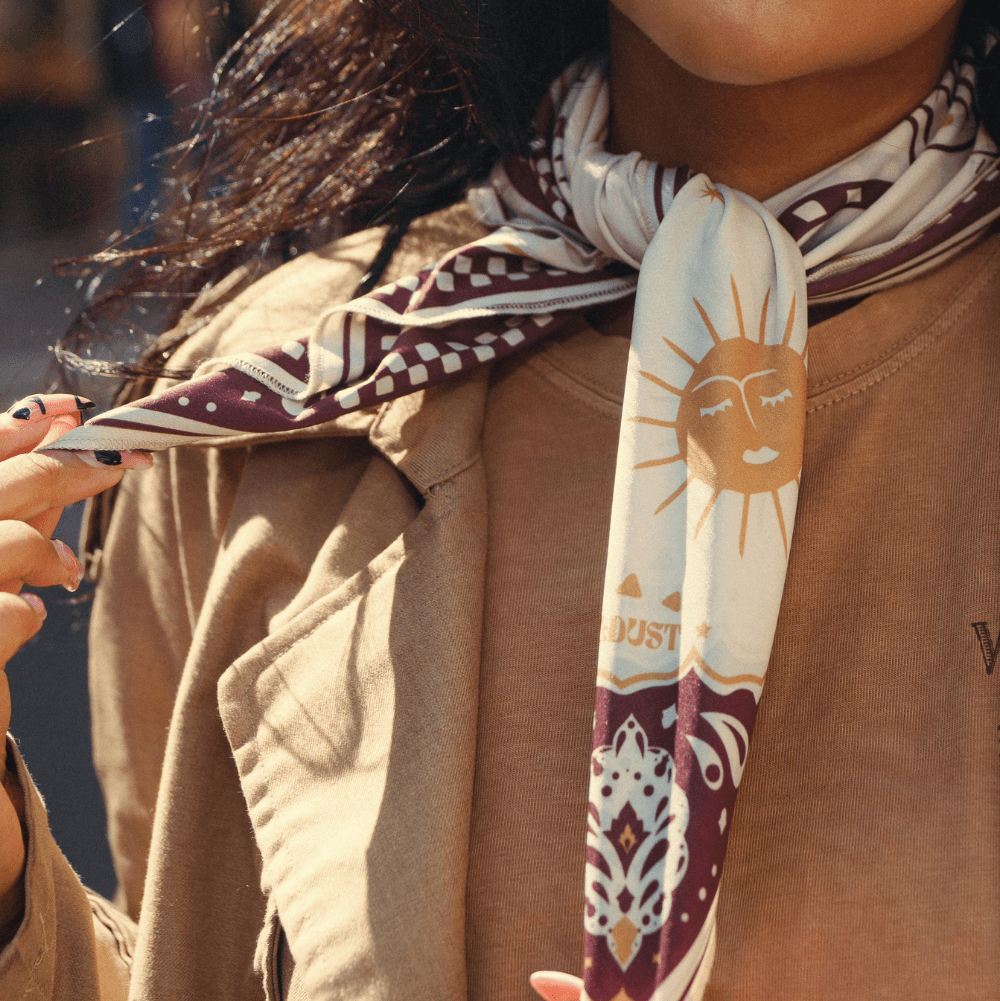 Wildust Sisters Moonrider motorcycle scarf with tiger and celestial graphics