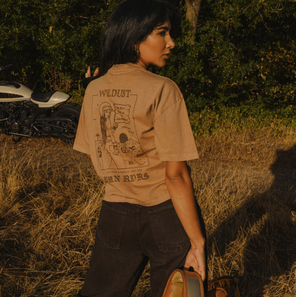 Wildust Sisters Untamed wide cotton T-shirt in camel with brown graphics