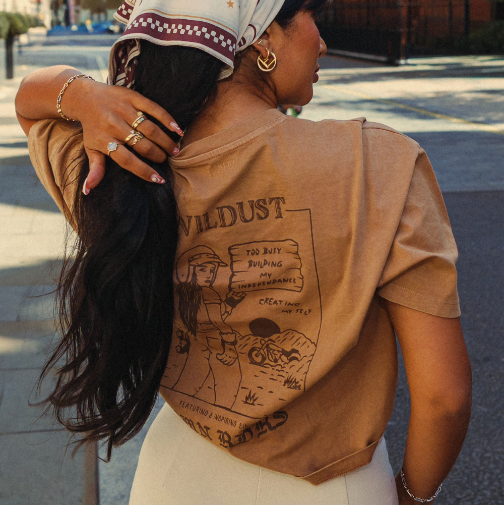 Wildust Sisters Untamed wide cotton T-shirt in camel with brown graphics
