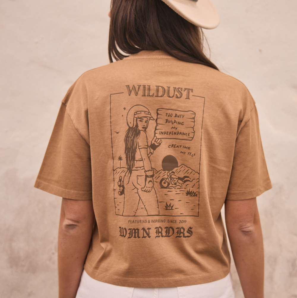 Wildust Sisters Untamed wide cotton T-shirt in camel with brown graphics