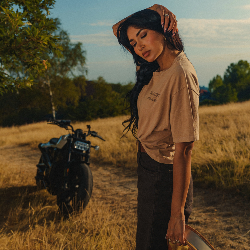 Wildust Sisters Untamed wide cotton T-shirt in camel with brown graphics