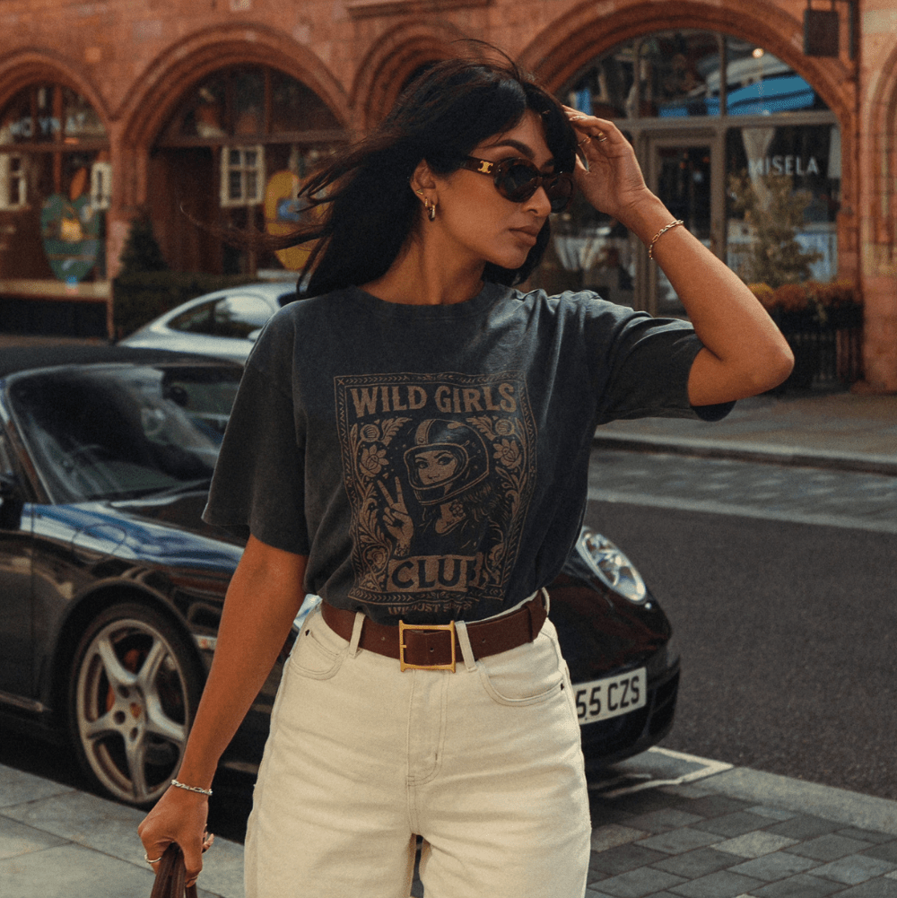 Wildust Sisters Wild Girls Club T-shirt in washed black with a beige front graphic