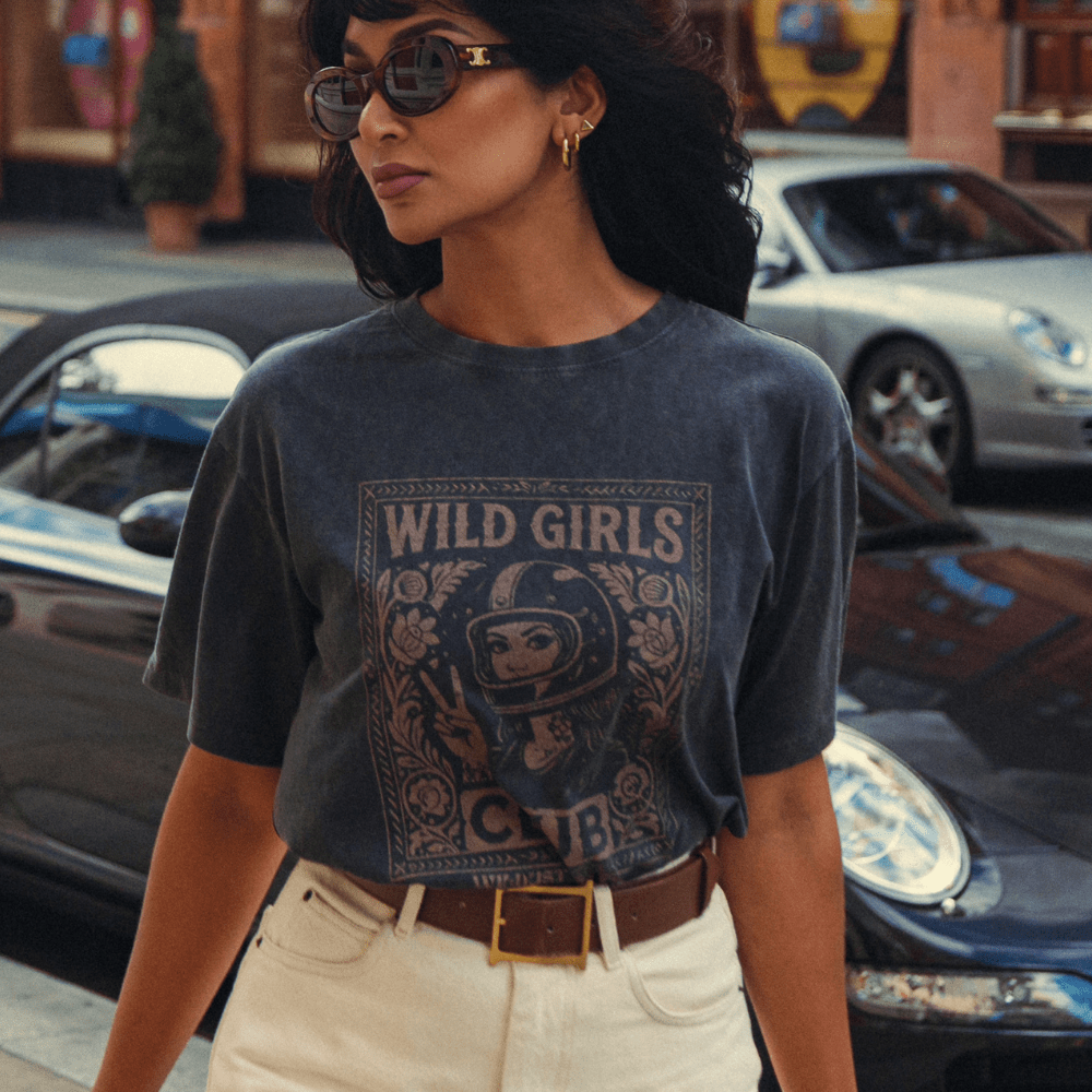 Wildust Sisters Wild Girls Club T-shirt in washed black with a beige front graphic