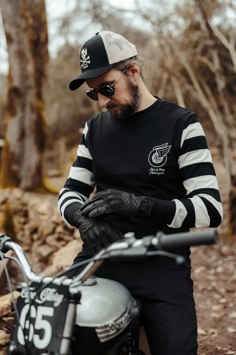 Age of Glory Shifter Gloves Black Leather & Denim | Veloce Club