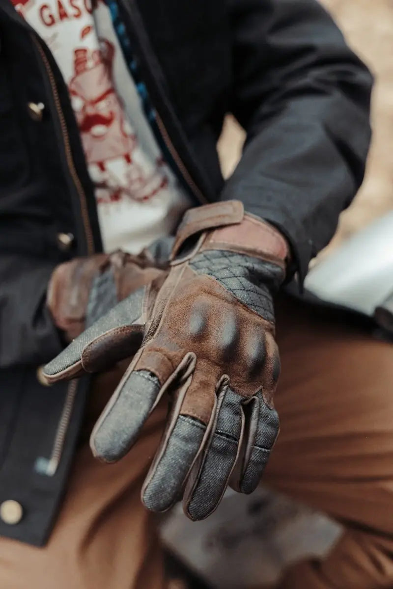 Age of Glory Shifter Gloves Brown Leather & Denim | Veloce Club