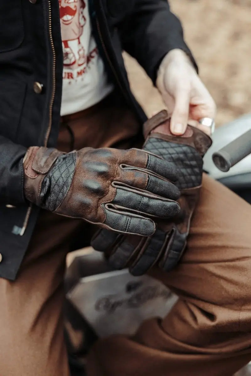 Age of Glory Shifter Gloves Brown Leather & Denim | Veloce Club
