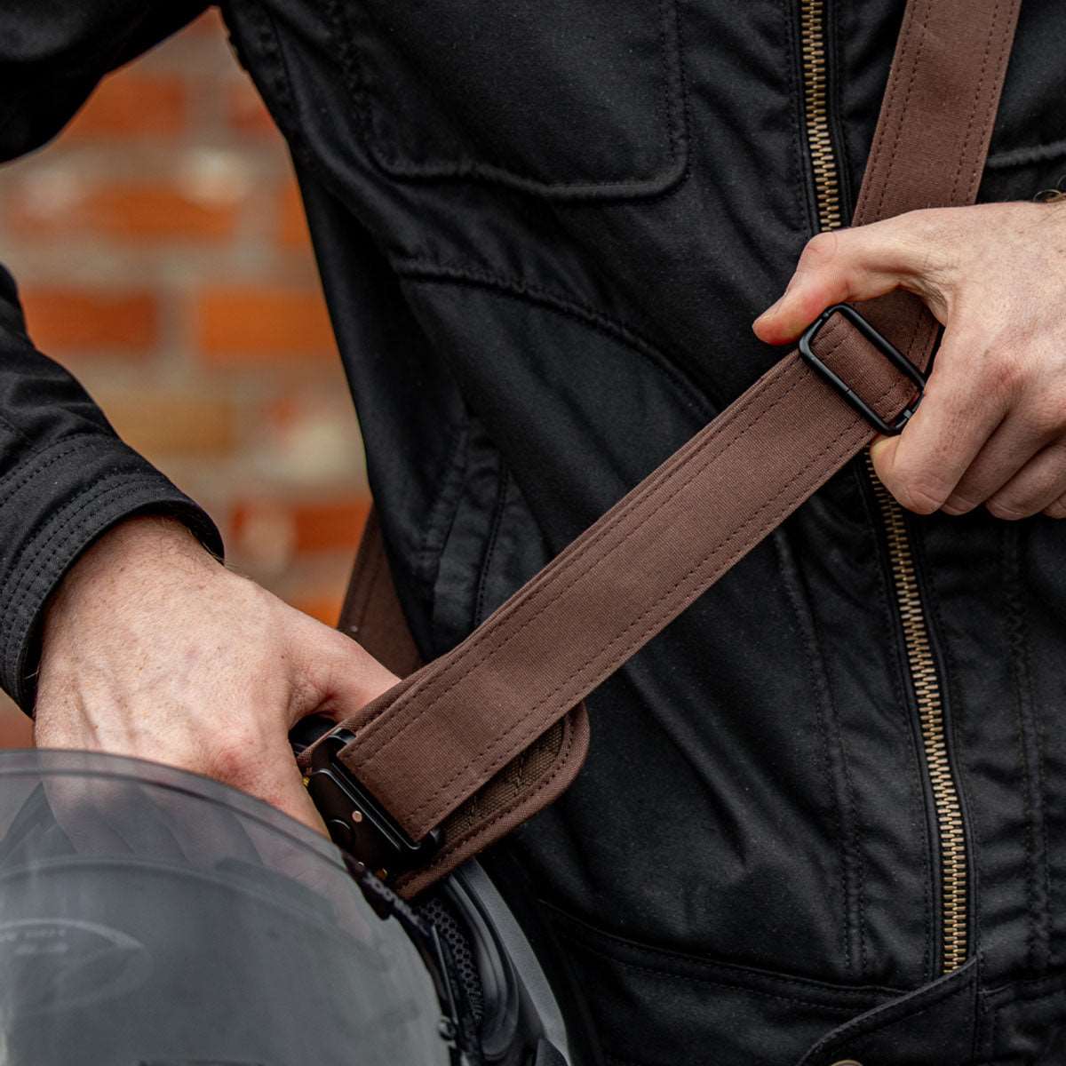 Sling Waxed Cotton Motorcycle Helmet Strap in Brown