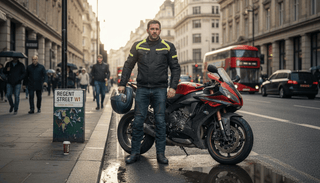 Motorcyclist in safety gear on city street