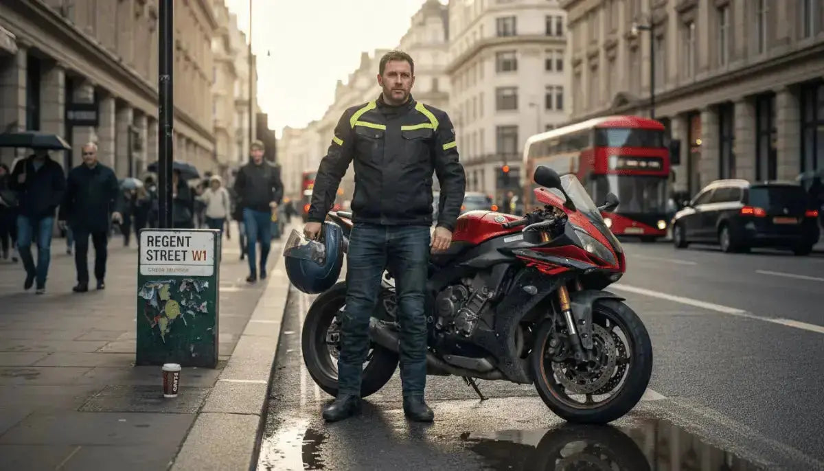 Motorcyclist in safety gear on city street