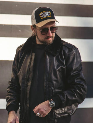 Age of Glory Buddy Trucker Cap in Black and off - white - available at Veloce Club