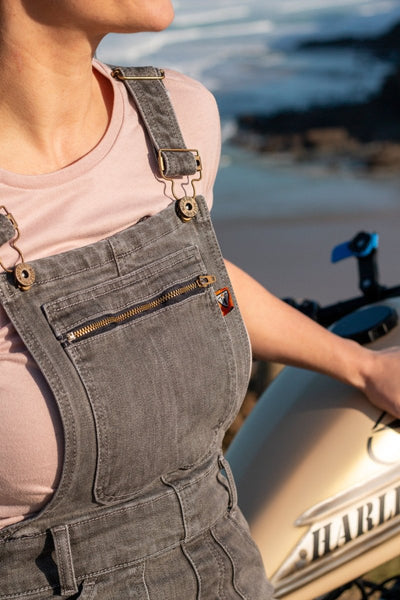 MotoGirl Daisy Dungarees in grey available at Veloce Club