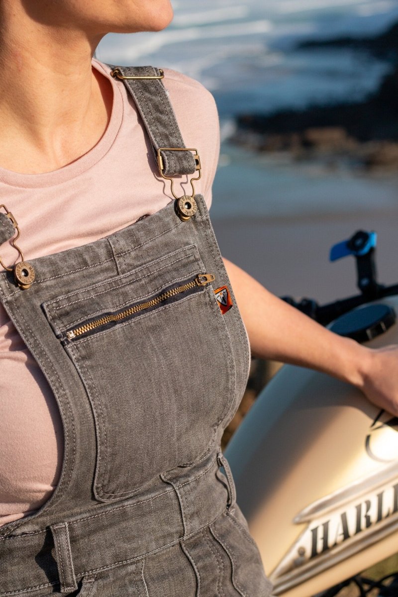 MotoGirl Daisy Dungarees in grey available at Veloce Club