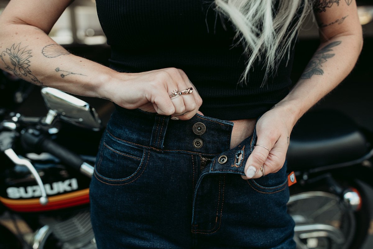 MotoGirl Ellie Women's Motorcycle Jeans in Blue - available at Veloce Club