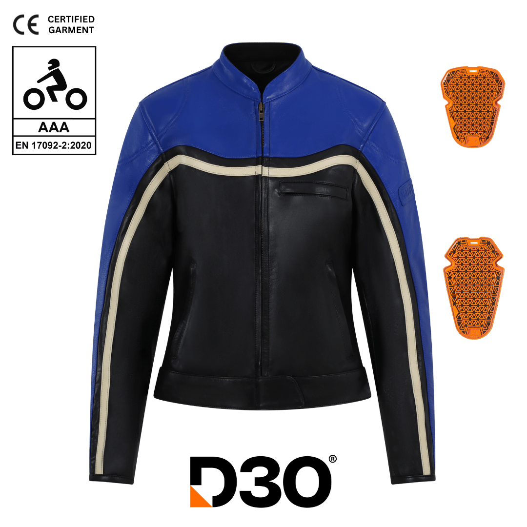 MotoGirl Hayley Blue Leather Jacket available at Veloce Club