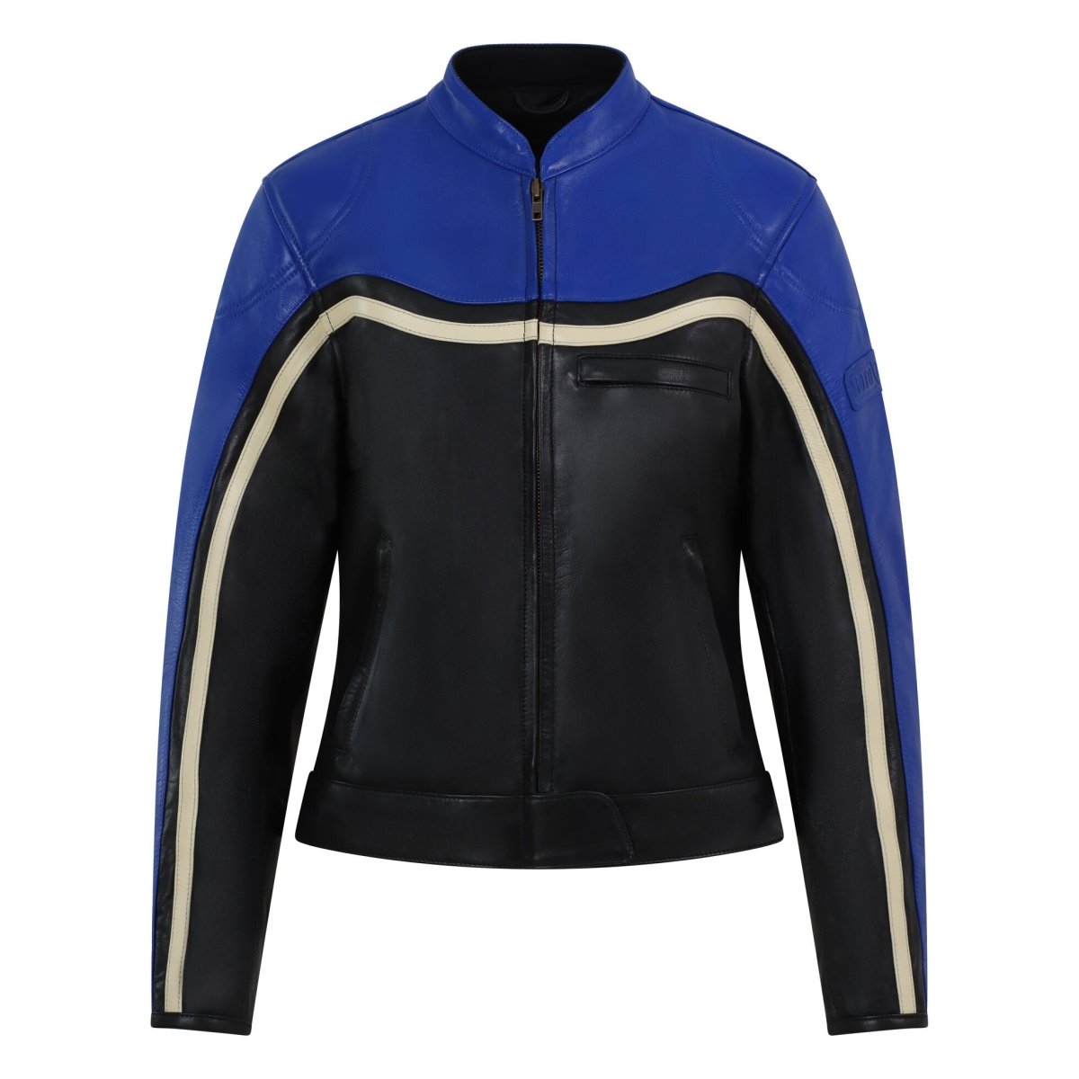 MotoGirl Hayley Blue Leather Jacket available at Veloce Club