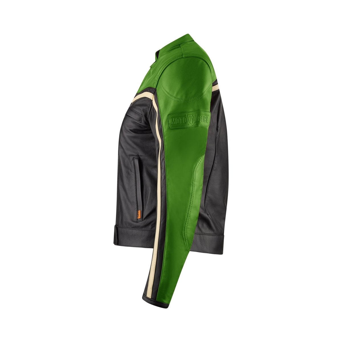 MotoGirl Hayley Green Leather Jacket available at Veloce Club