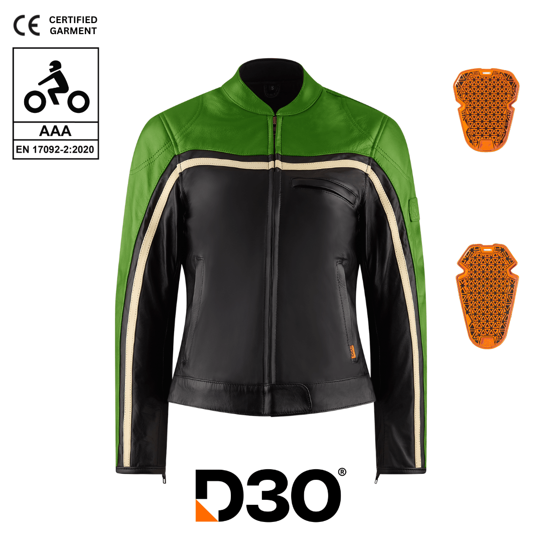 MotoGirl Hayley Green Leather Jacket available at Veloce Club