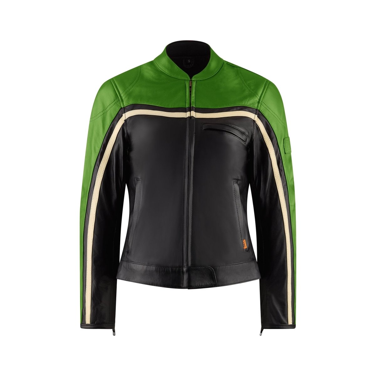 MotoGirl Hayley Green Leather Jacket available at Veloce Club