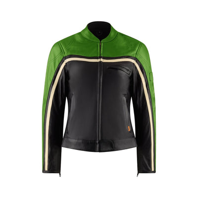 MotoGirl Hayley Green Leather Jacket available at Veloce Club