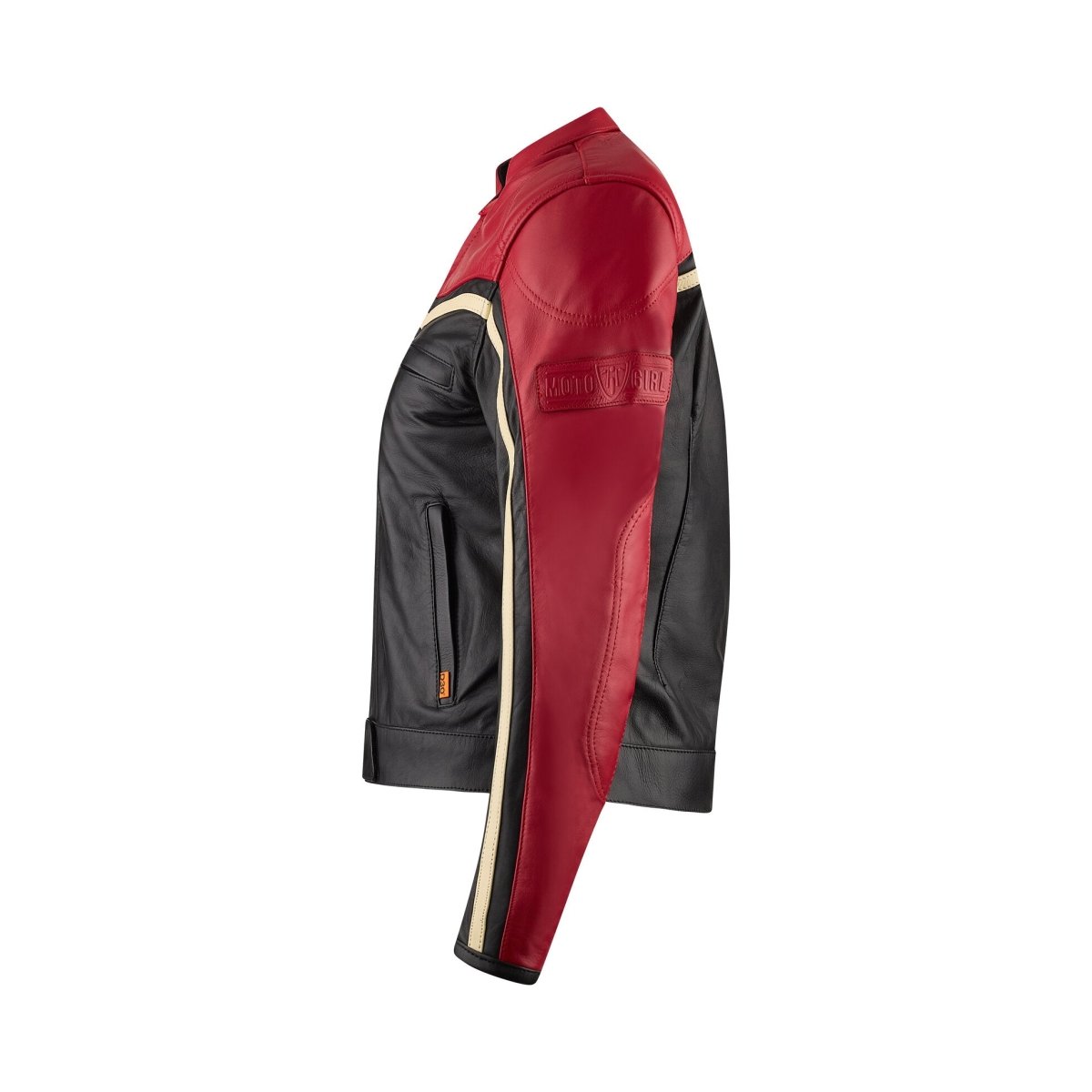 MotoGirl Hayley Red Leather Jacket available at Veloce Club