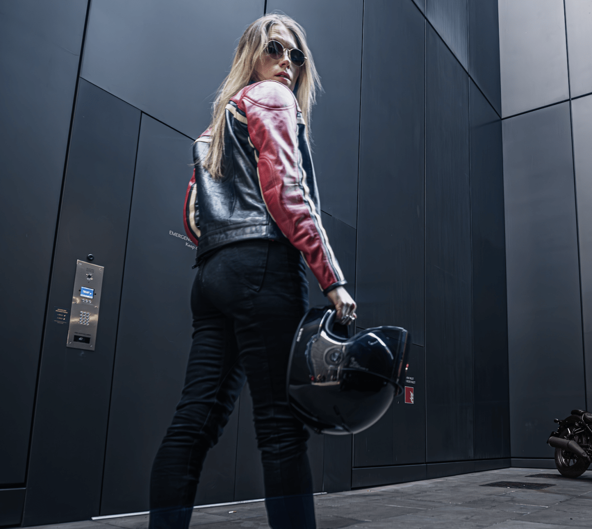 MotoGirl Hayley Red Leather Jacket available at Veloce Club