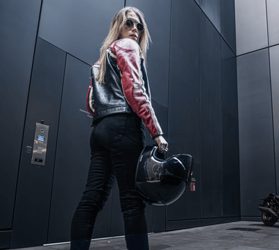 MotoGirl Hayley Red Leather Jacket available at Veloce Club