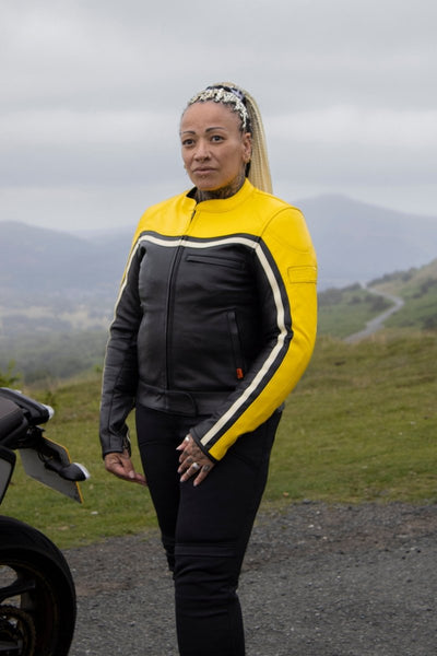 MotoGirl Hayley Yellow Leather Jacket available at Veloce Club