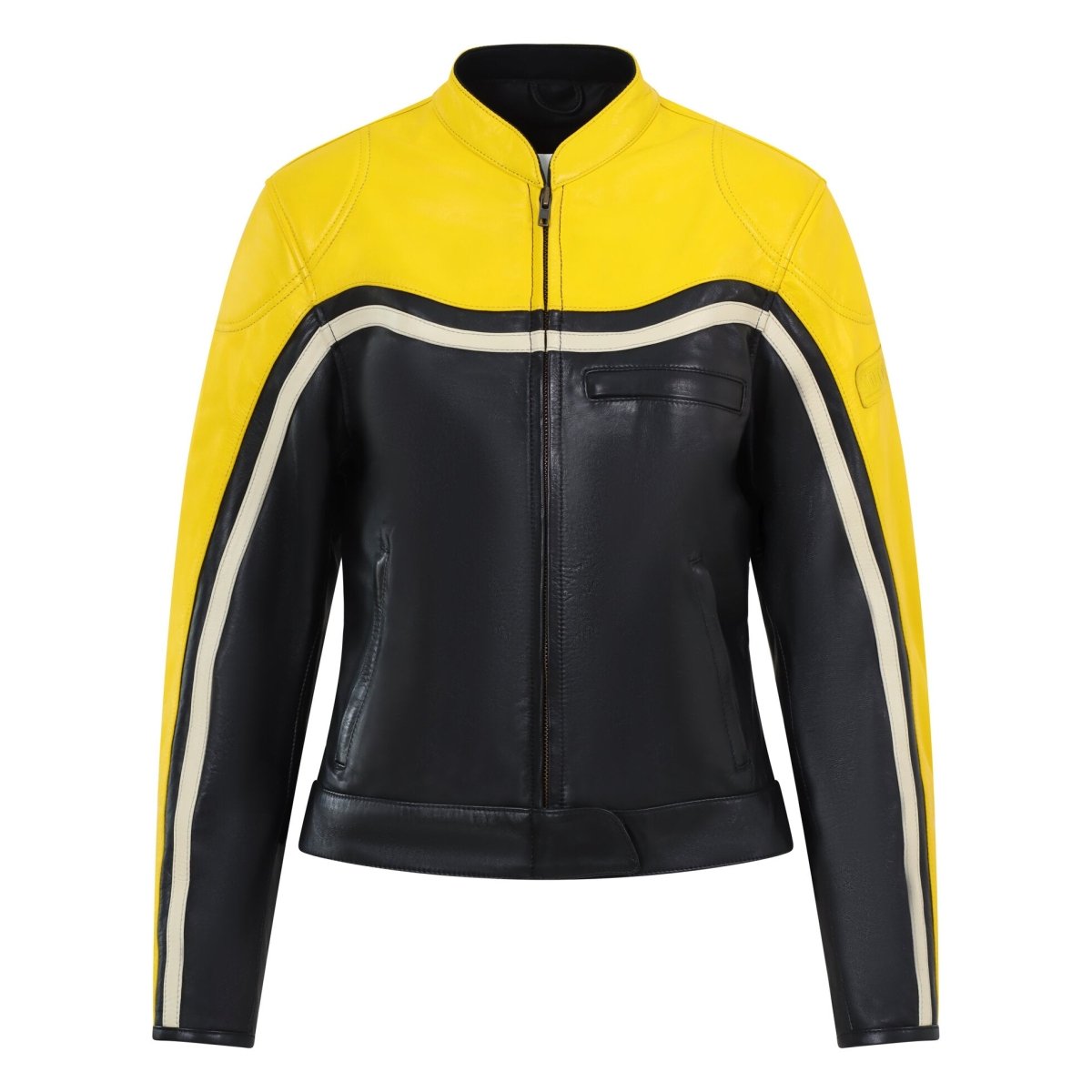 MotoGirl Hayley Yellow Leather Jacket available at Veloce Club