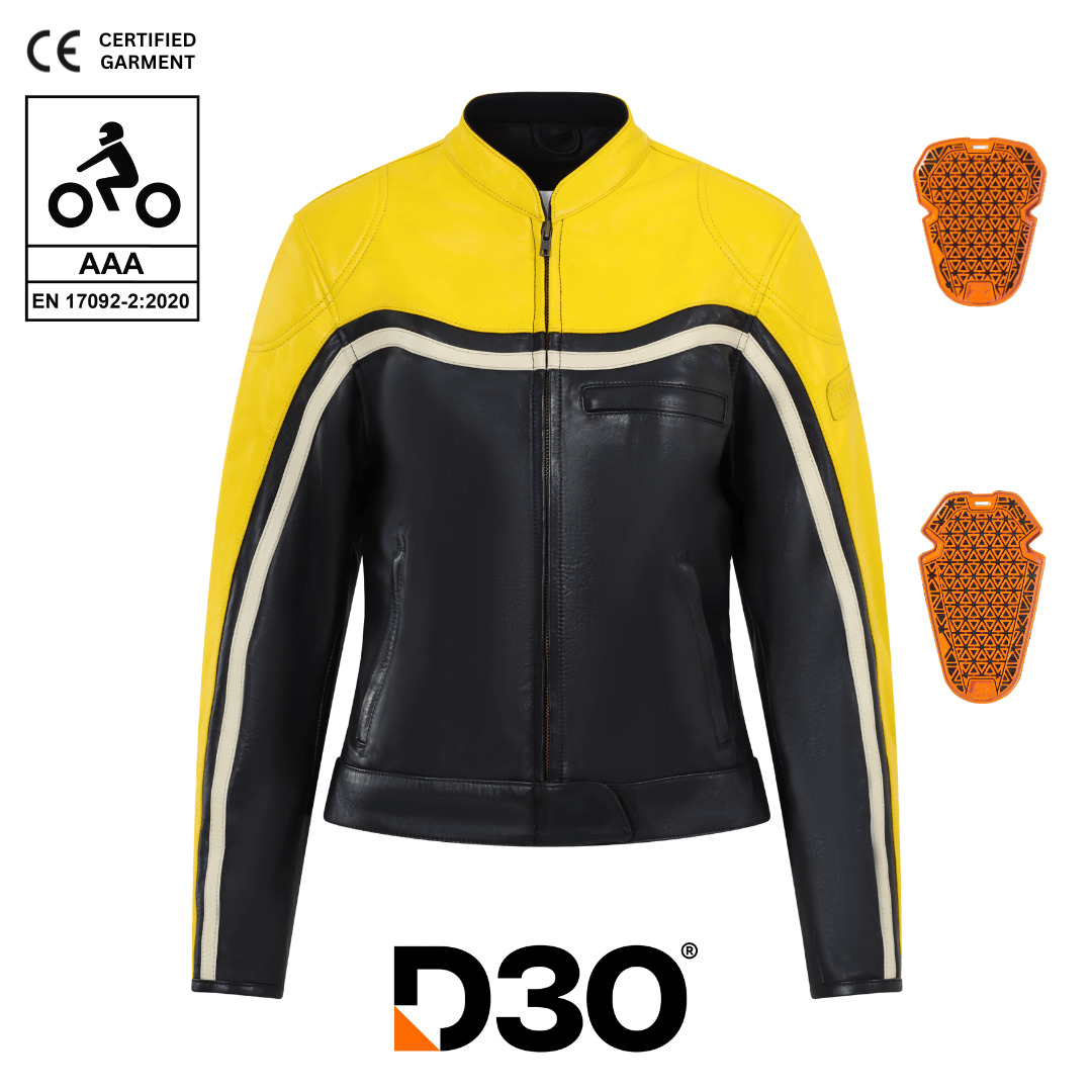 MotoGirl Hayley Yellow Leather Jacket available at Veloce Club