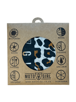 MotoGirl Leopard Neck tube available at Veloce Club